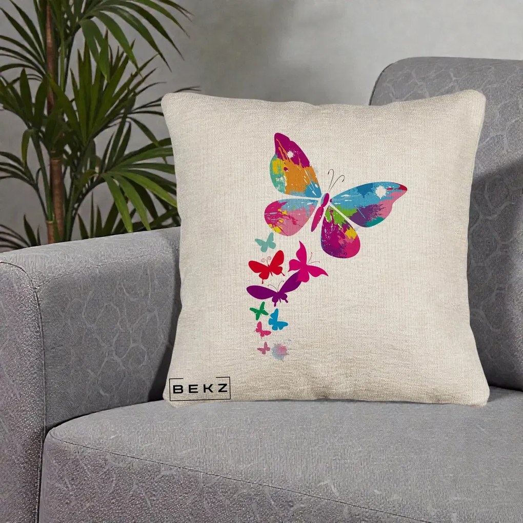 Perna Decorativa Fluturi Splash, 40x40 cm, Bej Canapea, Husa Detasabila, Perna Inclusa, BEKZ®