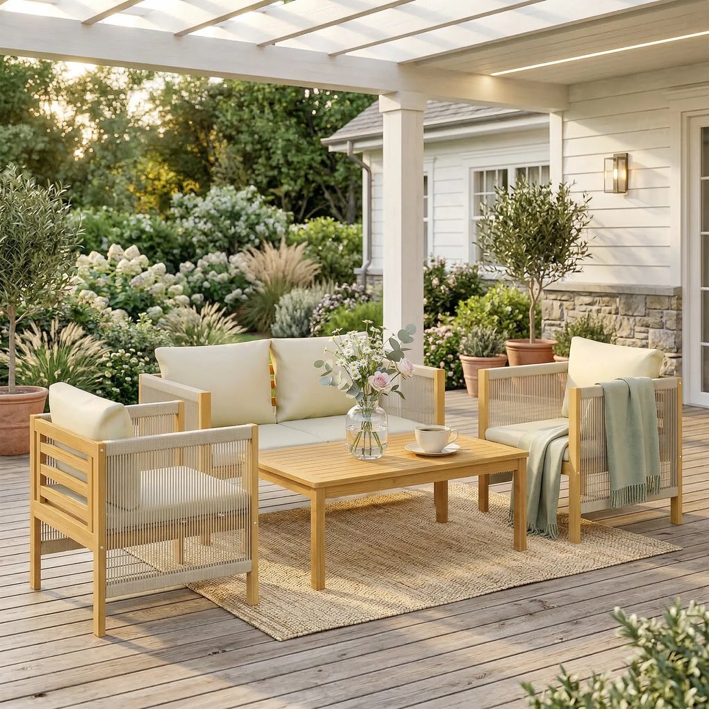 Outsunny Set mobilier de grădină din lemn pentru 4 persoane cu canapea 2 locuri, 2 fotolii, masă, împletitură din frânghie, design cu lamele, perne lavabile | Aosom Romania