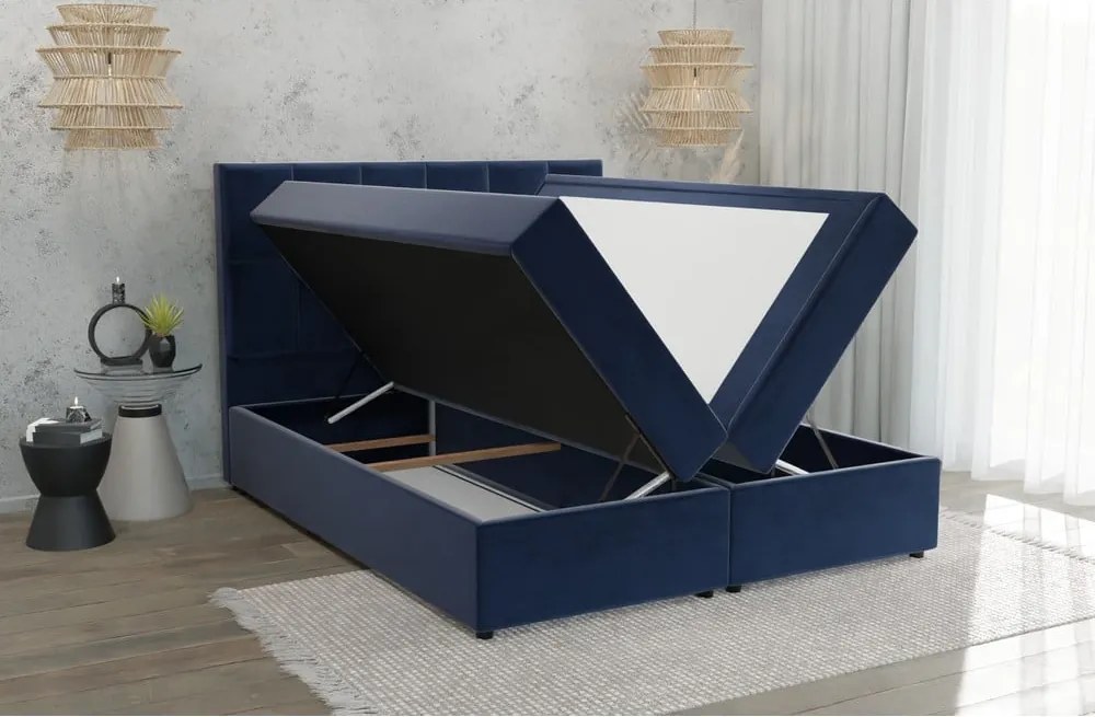Pat boxspring albastru închis cu spațiu de depozitare 160x200 cm Flip – Ropez