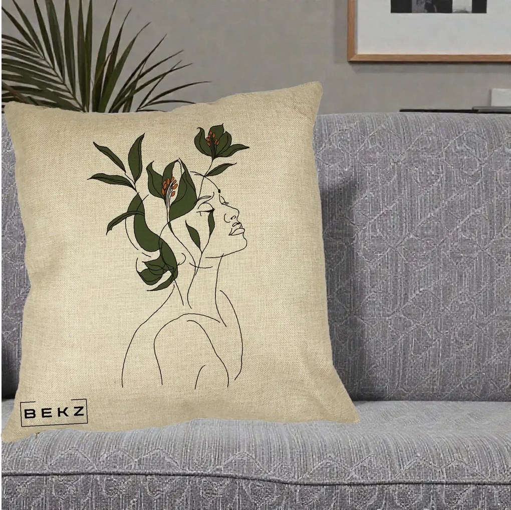 Perna Decorativa Portret Feminin Crin Verde, 40x40 cm, Crem, Husa Detasabila, Perna Inclusa, BEKZ®
