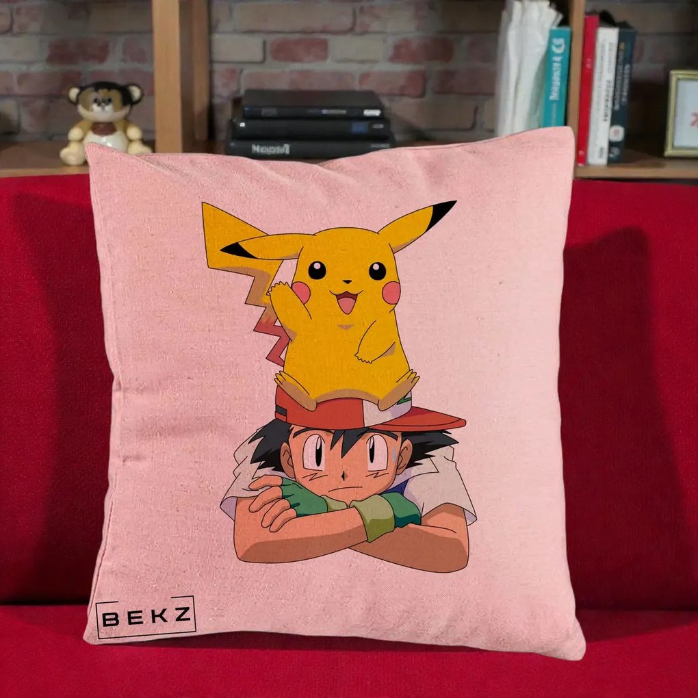 Perna Personalizata Ash si Pikachu, 40x40 cm, Roz, Husa Detasabila, Perna Inclusa, BEKZ®