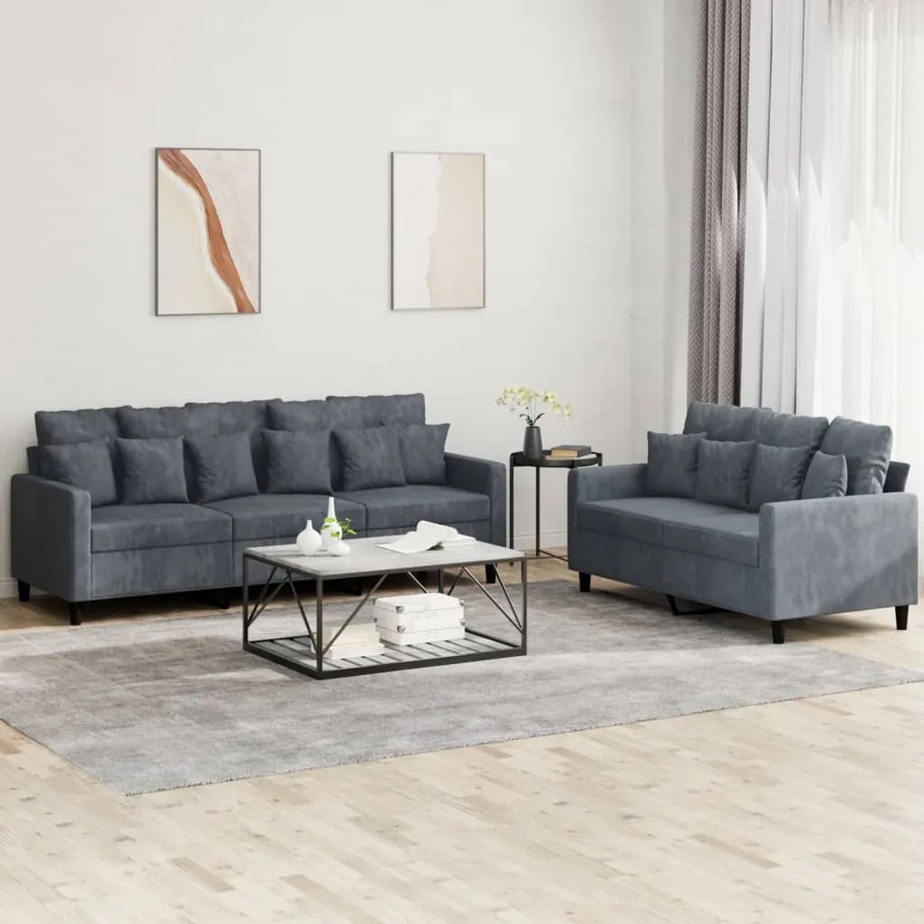 vidaXL Set de canapele cu perne, 2 piese, gri închis, catifea