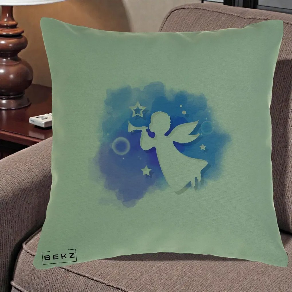 Perna Decorativa Inger cu Trompeta Albastru, 40x40 cm, Verde, Husa Detasabila, Perna Inclusa, BEKZ®