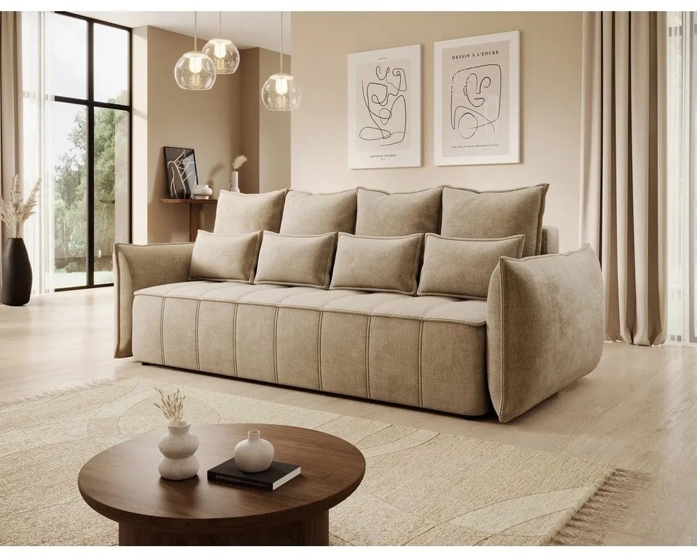 Canapea maro deschis extensibilă/cu spațiu de depozitare cu tapițerie din catifea 242 cm Weltton – ELTAP