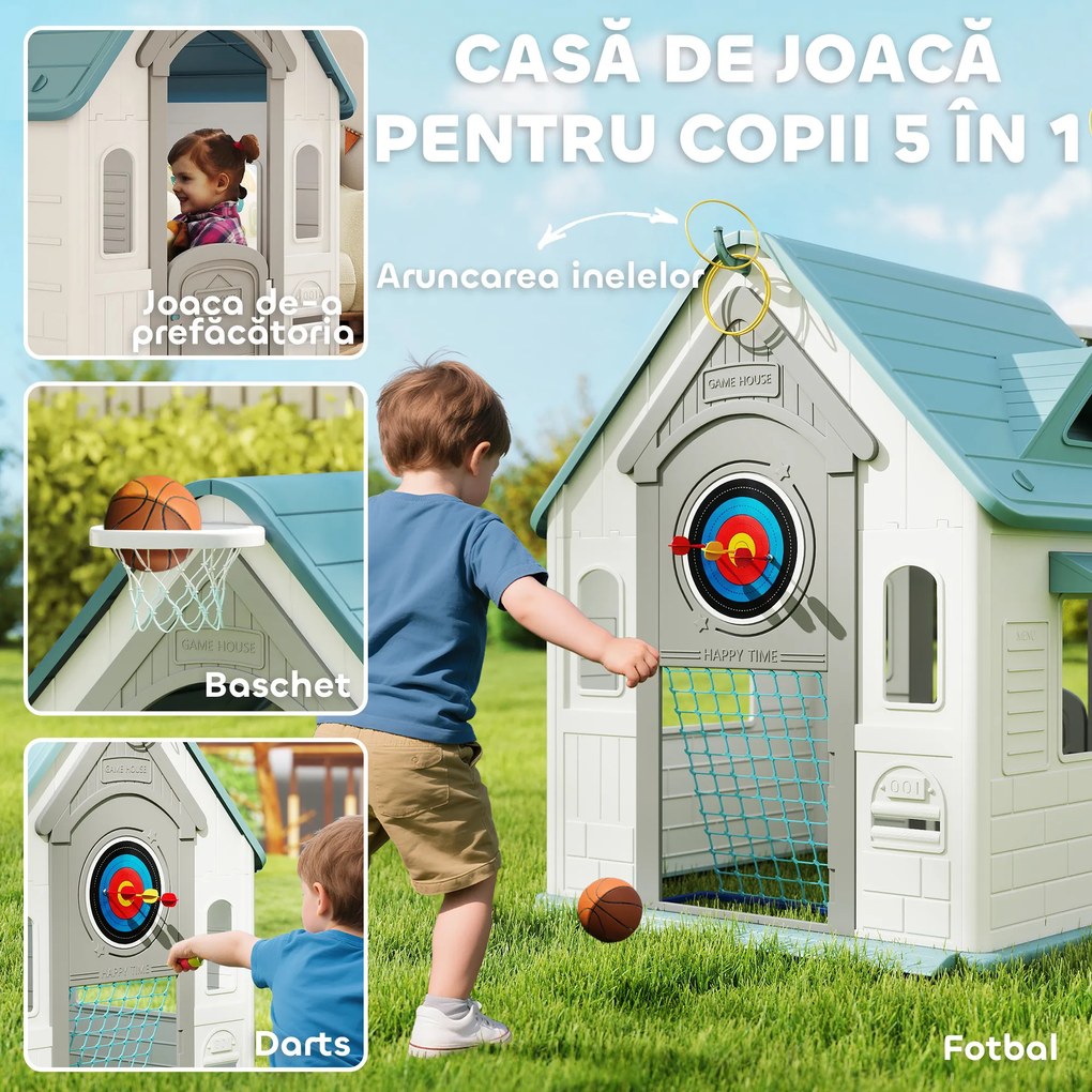 AIYAPLAY Căsuță de Joacă 5-în-1 pentru Copii, de Exterior și Interior, cu Coș de Baschet, Poartă de Fotbal, Tablă de Darts, Joc de Aruncare a Inelelor pentru Copii 2-5 Ani, Bej | Aosom Romania