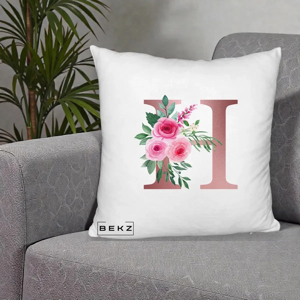Cadou Personalizat - Perna Personalizata Monograma Rose Gold Litera H, 40x40 cm, Alb Pufos, Husa Detasabila, Perna Inclusa, BEKZ®