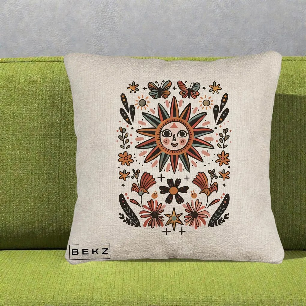Perna Decorativa Soare Boho Folk Fluturi, 40x40 cm, Bej Canapea, Husa Detasabila, Perna Inclusa, BEKZ®
