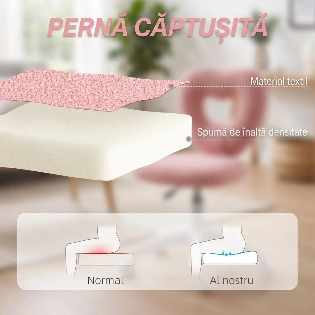 HOMCOM Scaun de Birou Rotativ cu Spătar în Formă de Inimă, Înălțime Reglabilă, Țesătură Teddy, 45x56x78-88 cm, Roz | Aosom Romania