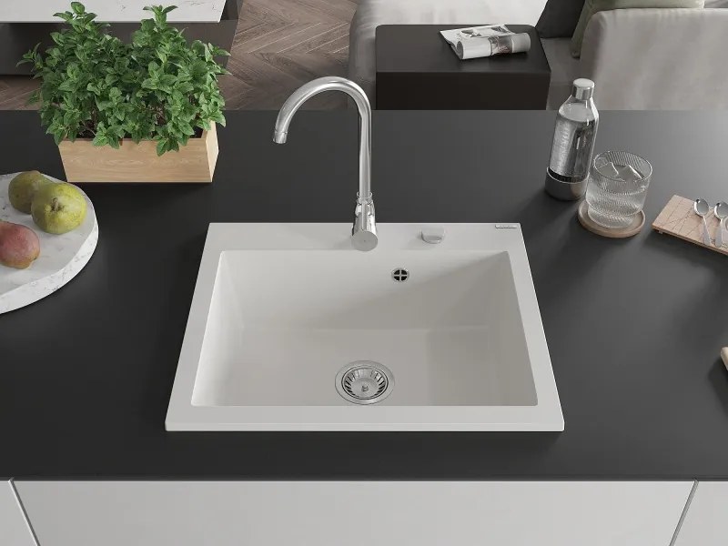 Mexen Elix chiuvetă din granit 1-cameră 600 x 500 mm, alb, sifon crom - 6525601005-20