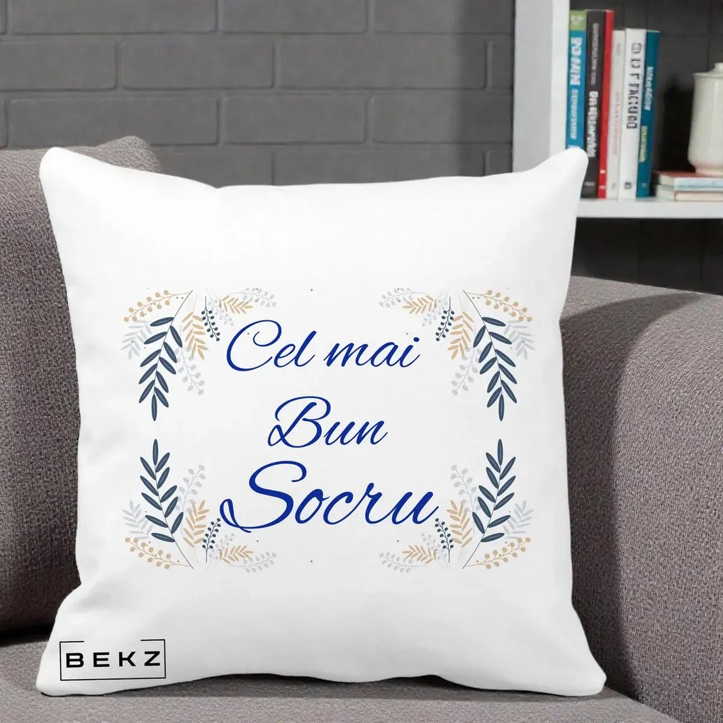 Cadou pentru Socru - Perna Personalizata Cel mai Bun Socru cu Ramuri Frunze Albastre si Aurii, 40x40 cm, Alba Mata, Husa Detasabila, Perna Inclusa, BEKZ®