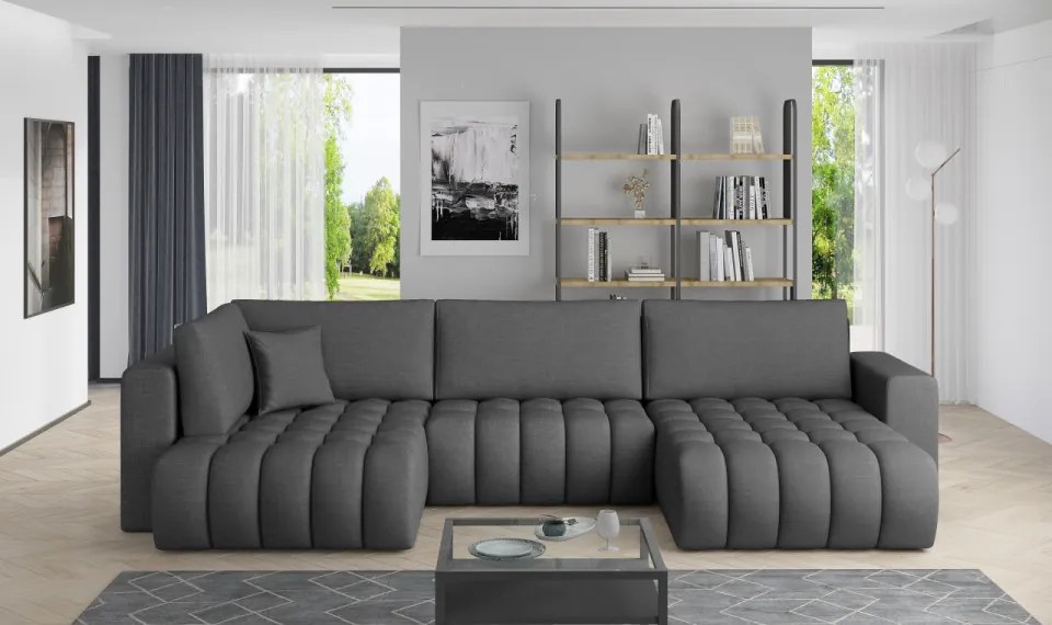 Canapea modulara tapitata, extensibila, cu spatiu pentru depozitare, 340x170x92 cm, Bonito R1, Eltap (Culoare: Gri inchis texturat - Flores 5)