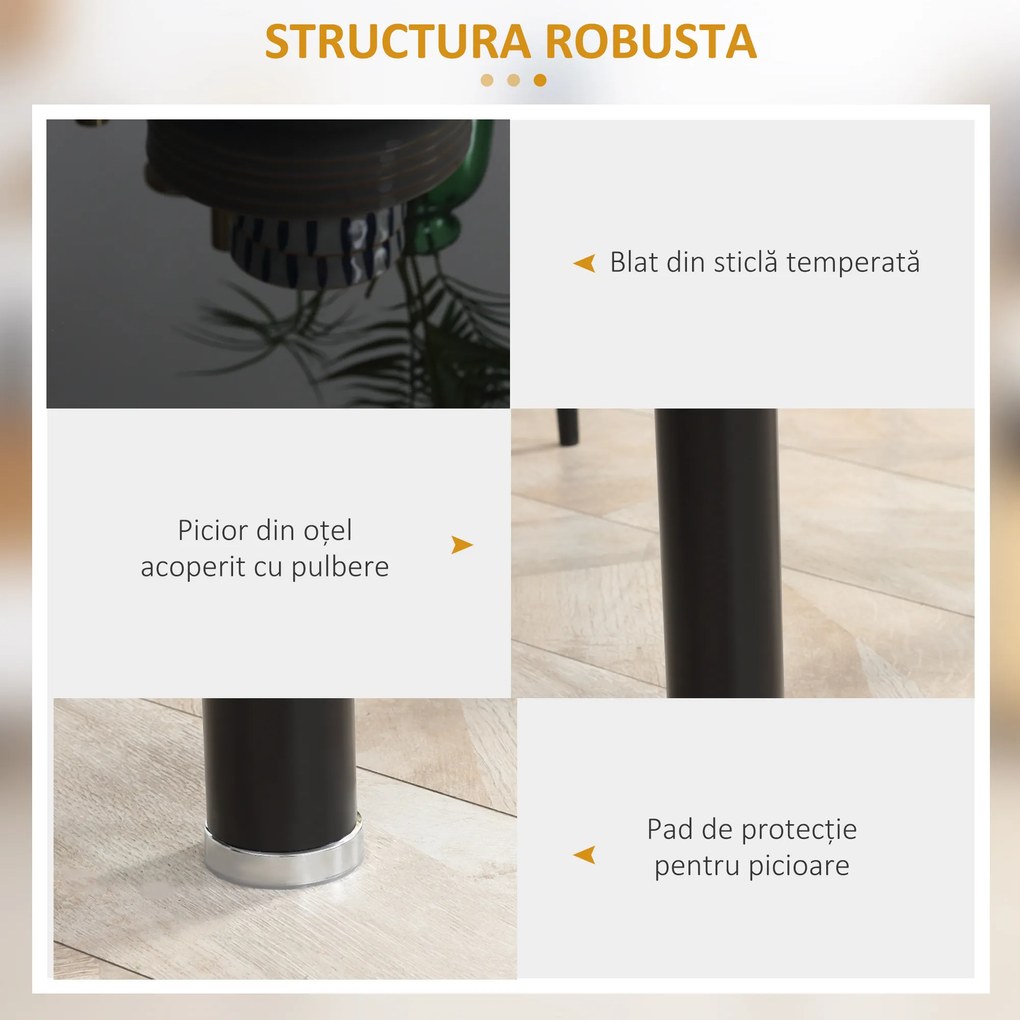 HOMCOM Set Masă și Scaune 5 Piese Dreptunghiulară din Sticlă Temperată și Oțel cu 4 Scaune de Sufragerie Capitonate | Aosom Romania