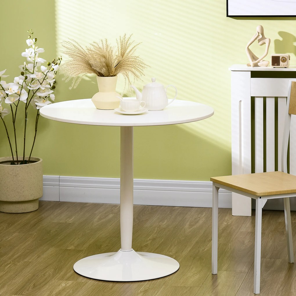 HOMCOM Masă de bucătărie pentru 2 persoane, blat rotund Ø80 cm, MDF și oțel, antiderapant, Alb, 75H cm | Aosom Romania