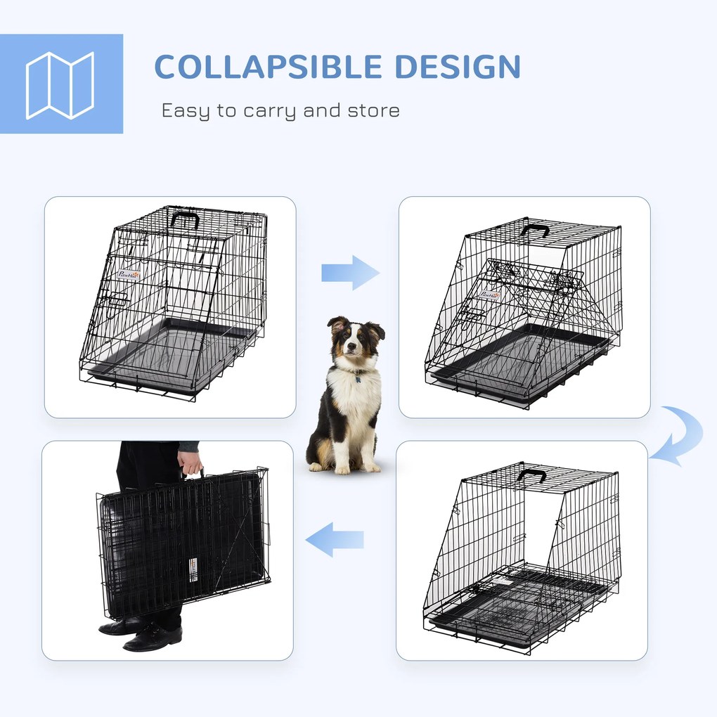 PawHut Cușcă de Transport pentru Câini, Metal și PP, Formă Trapezoidală pentru Mașină, cu Mâner, 76x48x55cm, Negru | Aosom Romania