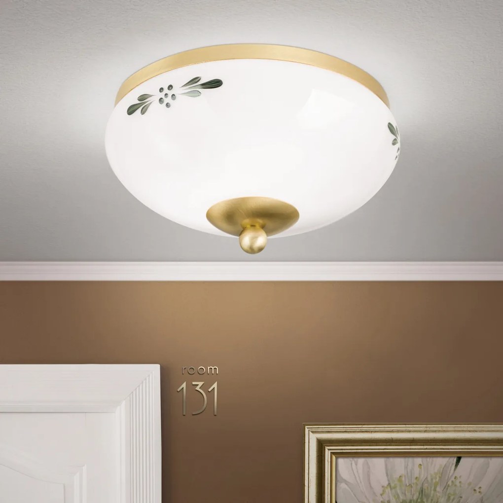 Plafoniera clasica Landhaus 21cm alama satin/ sticla opal decor verde