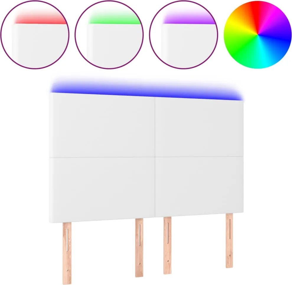 vidaXL Tăblie de pat cu LED, alb, 144x5x118/128 cm, piele ecologică