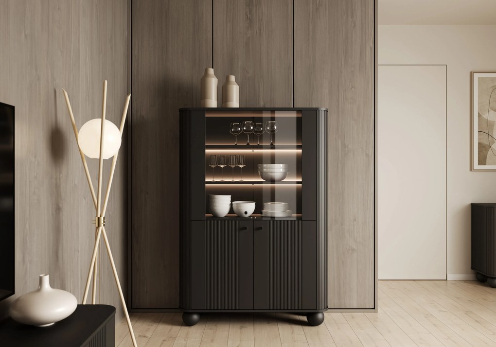 Vitrină cu patru uși Vesper 103 cm - negru / mânere negre / picioare rotunde