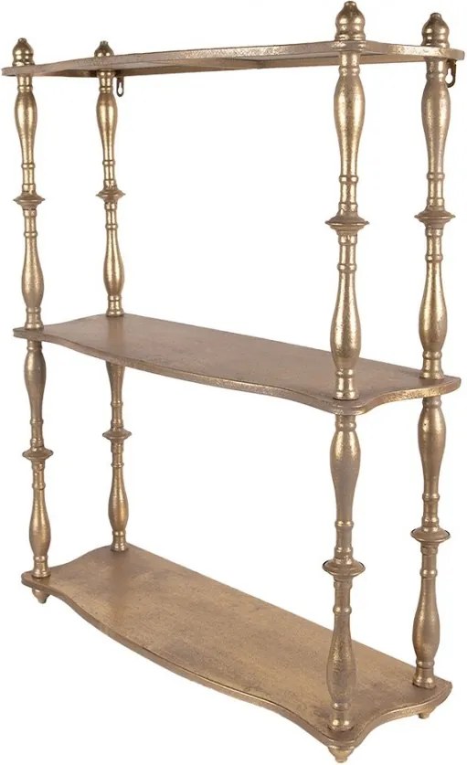 Etajeră de perete vintage din metal, auriu, cu 3 rafturi și coloane în formă de balustru, 76 x 60 x 22 cm, „Celestine”