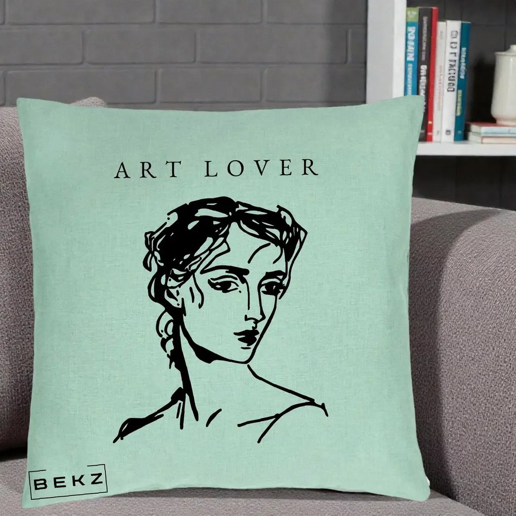 Perna Decorativa Art Lover Portret Grafic, 40x40 cm, Verde Menta, Husa Detasabila, Perna Inclusa, BEKZ®