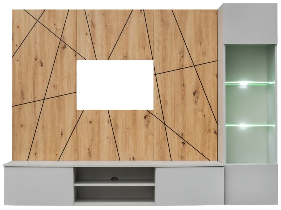 Set mobila living, suspendata, prindere perete, cu spatiu pe mijloc, usi deschidere prin apasare, vitrina cu led, stejar artisan -dungi negre gri mat