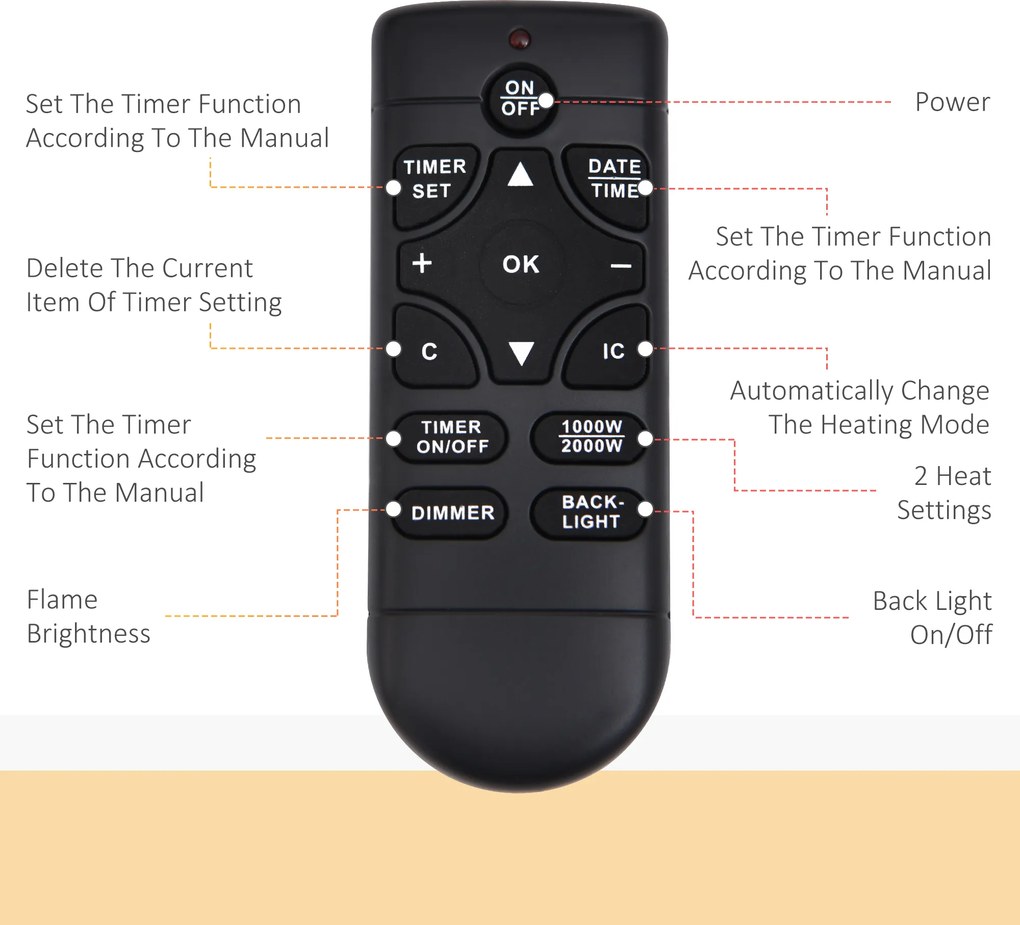 HOMCOM Șemineu Electric de Perete 900/1800W Încălzire cu Efect de Flacără 3D Reglabil, Șemineu Electric cu Lumină LED în 7 Culori, Telecomandă, Temporizator și Termostat, 30 m², Negru | Aosom Romania