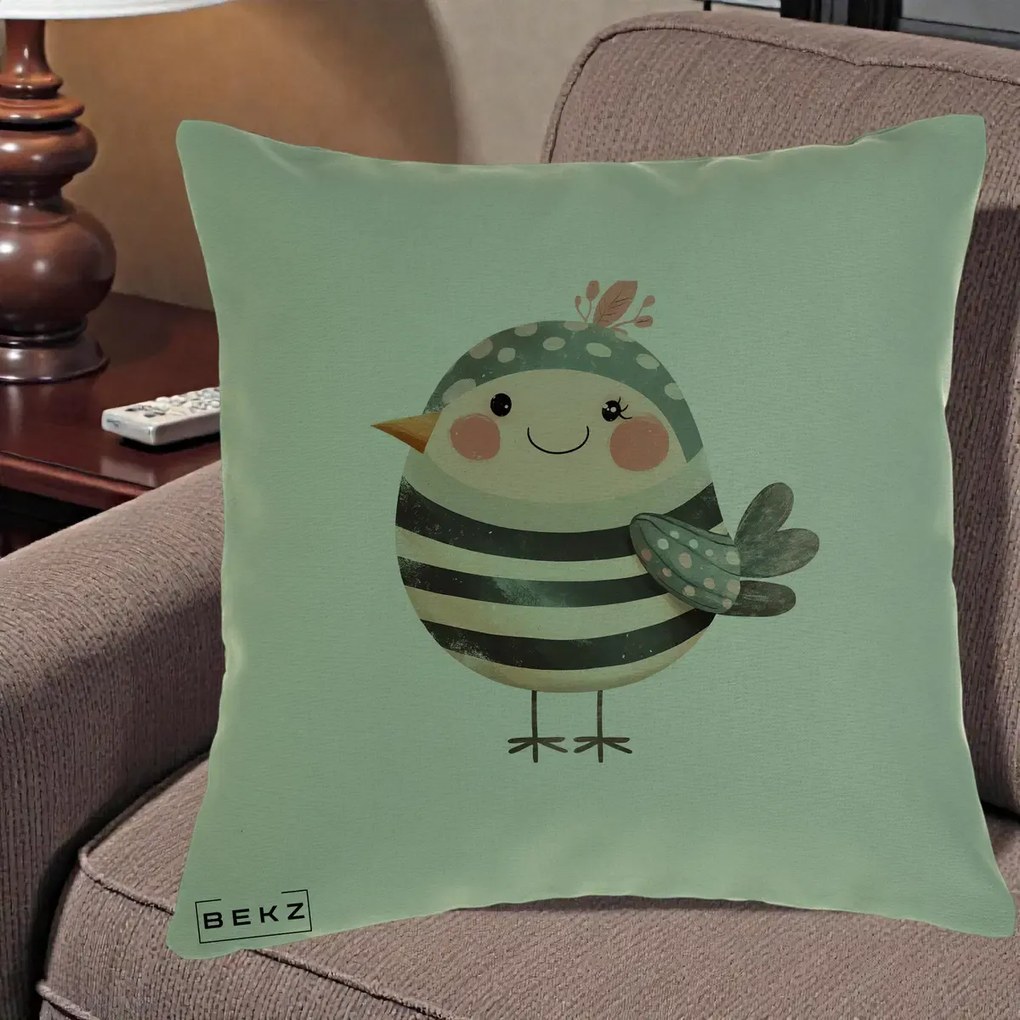 Perna Decorativa Pui Kawaii Teal cu Flori, 40x40 cm, Verde, Husa Detasabila, Perna Inclusa, BEKZ®