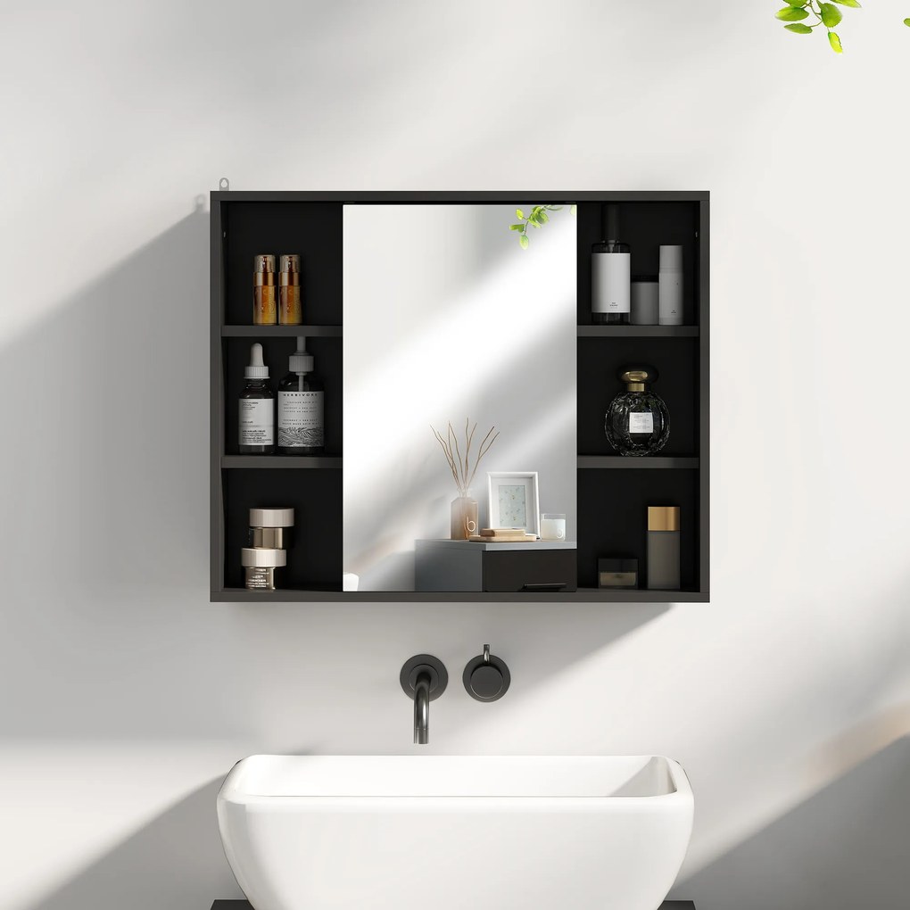 HOMCOM Dulap cu Oglindă pentru Baie, 3 Rafturi Laterale, Raft Reglabil, MDF și PAL, 60x14,5x49,4 cm, Negru și Lemn Natur | Aosom Romania