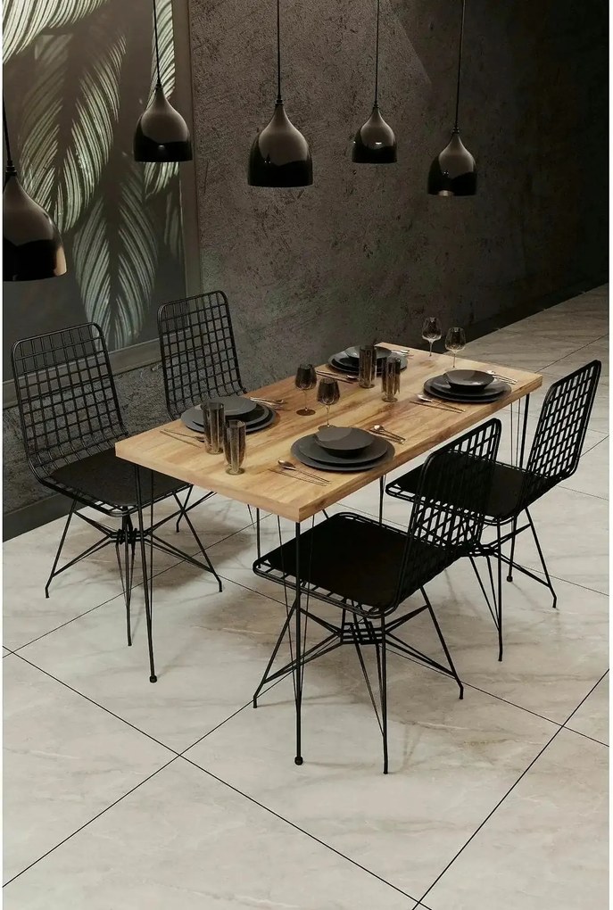 Set masa si 4 scaune NMSYMK001, stejar/negru, PAL melaminat/metal