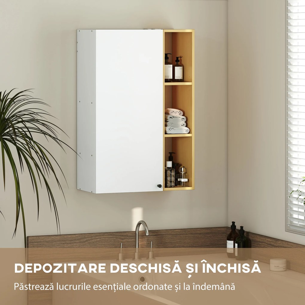 HOMCOM Dulap de Baie Suspendat cu Uși Soft Close, Dulap de Baie Suspendat cu Rafturi Reglabile și 3 Rafturi Deschise, 59.5x30x90 cm, Alb și Culoare Lemn | Aosom Romania