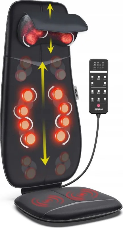 Perna de masaj Shiatsu RENPHO Neck & Back Massage Cushion - S-, 48W, 4 zone, 3 niveluri, Incalzire pana la 45°C, Reglabila, Telecomanda, Negru