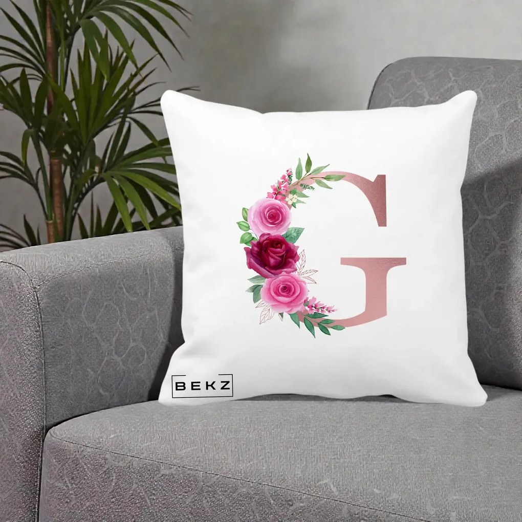 Cadou Personalizat - Perna Personalizata Monograma Rose Gold Litera G, 40x40 cm, Alba Mata, Husa Detasabila, Perna Inclusa, BEKZ®