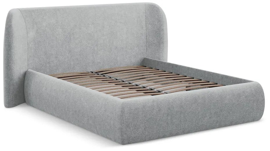 Pat matrimonial gri deschis tapițat cu spațiu de depozitare cu somieră 140x200 cm Hauke – Makamii
