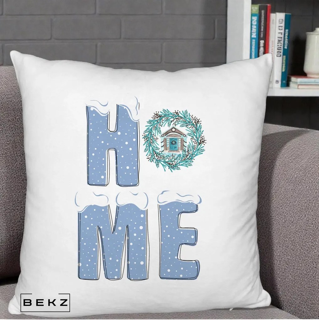 Perna Decorativa HOME Iarna cu Coroana, 40x40 cm, Alb Pufos, Husa Detasabila, Perna Inclusa, BEKZ®