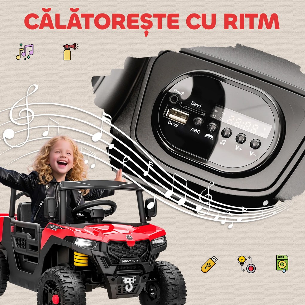 AIYAPLAY Mașină Electrică pentru Copii UTV 12V Off-road cu Portbagaj, 2 Motoare, Centură în 3 Puncte, Telecomandă, Suspensii, USB, Muzică, Lumini, 1.8-3.7 km/h, 3-8 Ani, Roșu | Aosom Romania