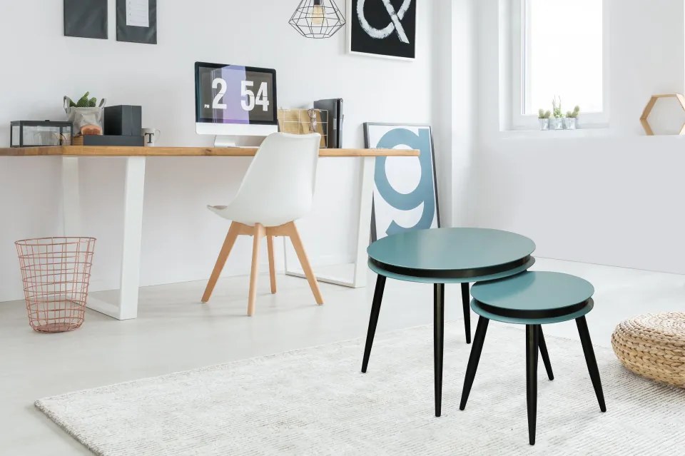 Set 2 masute de cafea rotunde din lemn de plop Suri 40x40x44 cm petrol/negru