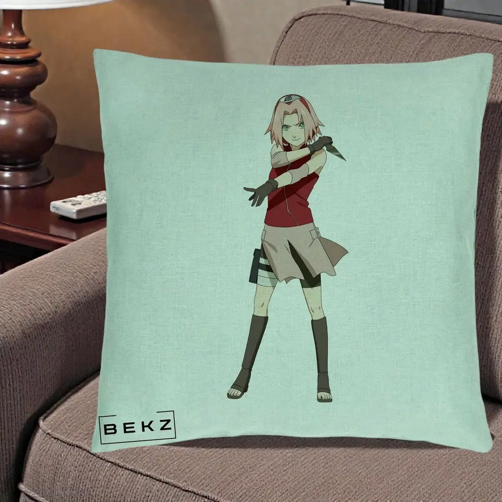 Perna Personalizata Naruto Sakura Haruno Portret, 40x40 cm, Verde Menta, Husa Detasabila, Perna Inclusa, BEKZ®