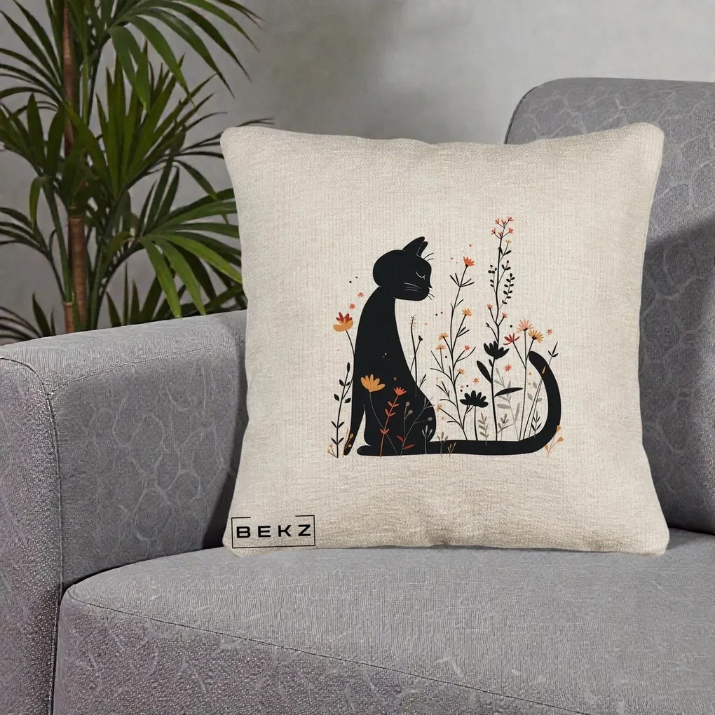 Perna Decorativa Pisica Neagra Flori Portocalii Silueta, 40x40 cm, Bej Canapea, Husa Detasabila, Perna Inclusa, BEKZ®