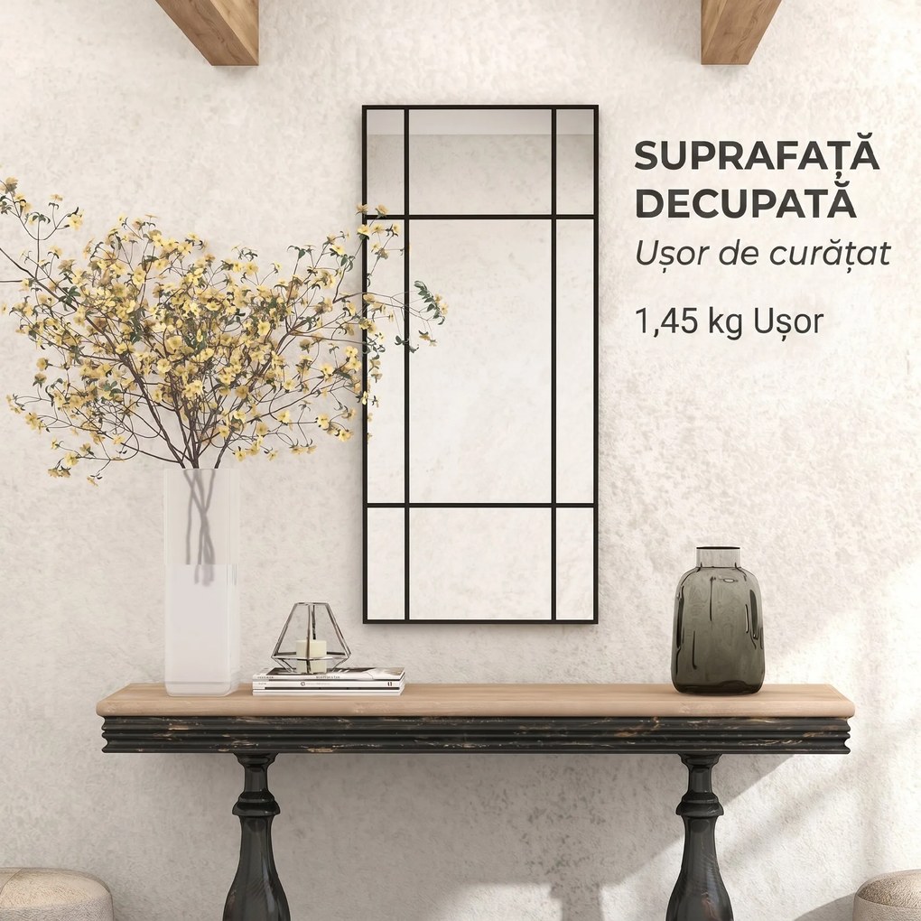 HOMCOM Oglindă de Perete Stil Fereastră Montaj Vertical Orizontal 110x50cm Negru | Aosom Romania