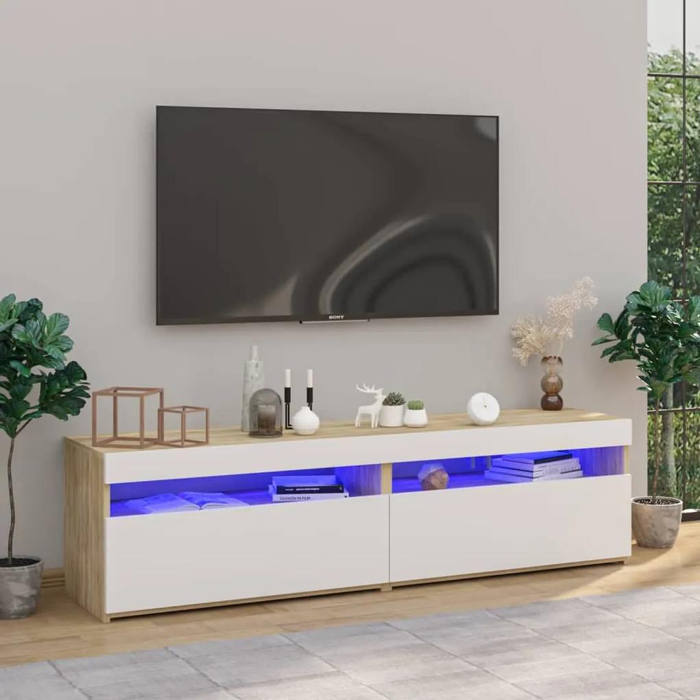 Comode TV cu lumini LED,2 buc.,alb  stejar Sonoma, 75x35x40 cm 2, alb si stejar sonoma, 75 x 35 x 40 cm