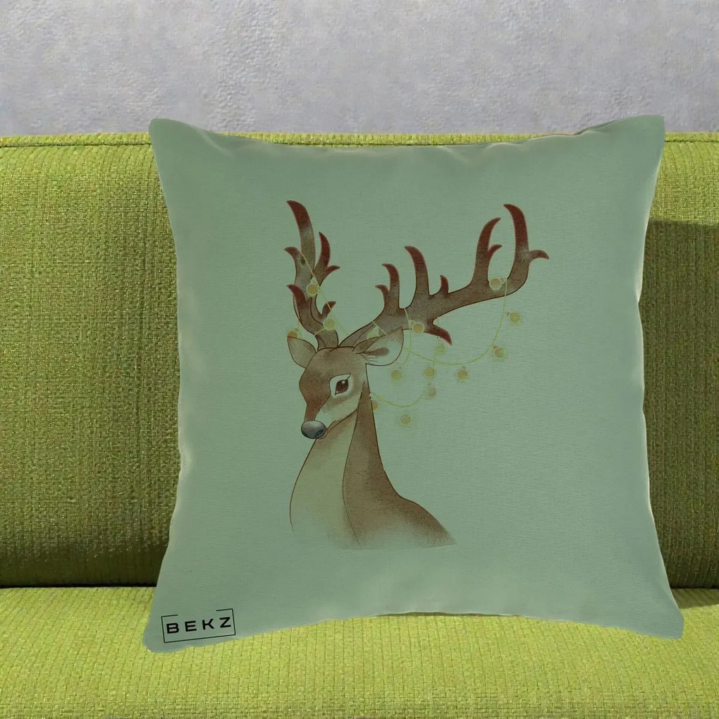 Perna Decorativa Ren cu Luminite de Craciun, 40x40 cm, Verde, Husa Detasabila, Perna Inclusa, BEKZ®