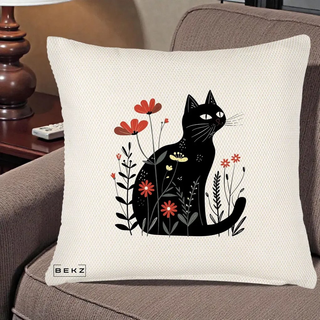 Perna Decorativa Pisica Neagra Flori Rosii Folk, 40x40 cm, Crem Reliefat, Husa Detasabila, Perna Inclusa, BEKZ®