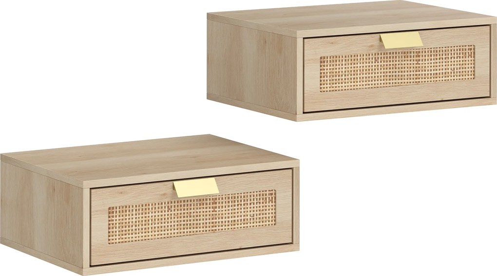HOMCOM Set de 2 Noptiere Suspendate cu Sertar din Ratan Economisește Spațiu Design Modern 40x30x15 cm Natural | Aosom Romania