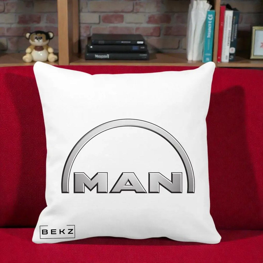 Perna Personalizata cu emblema MAN, 40x40 cm, Alba Mata, Husa Detasabila, Perna Inclusa, BEKZ®