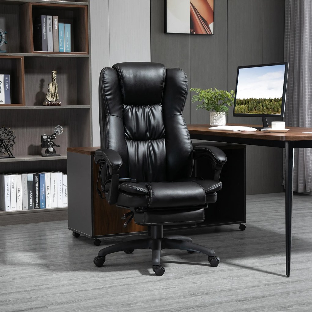 Vinsetto Scaun Birou cu Masaj, Înclinare, Piele Artificială, Negru, 68.5x68.5x119-127cm, Confort Sporit | Aosom Romania