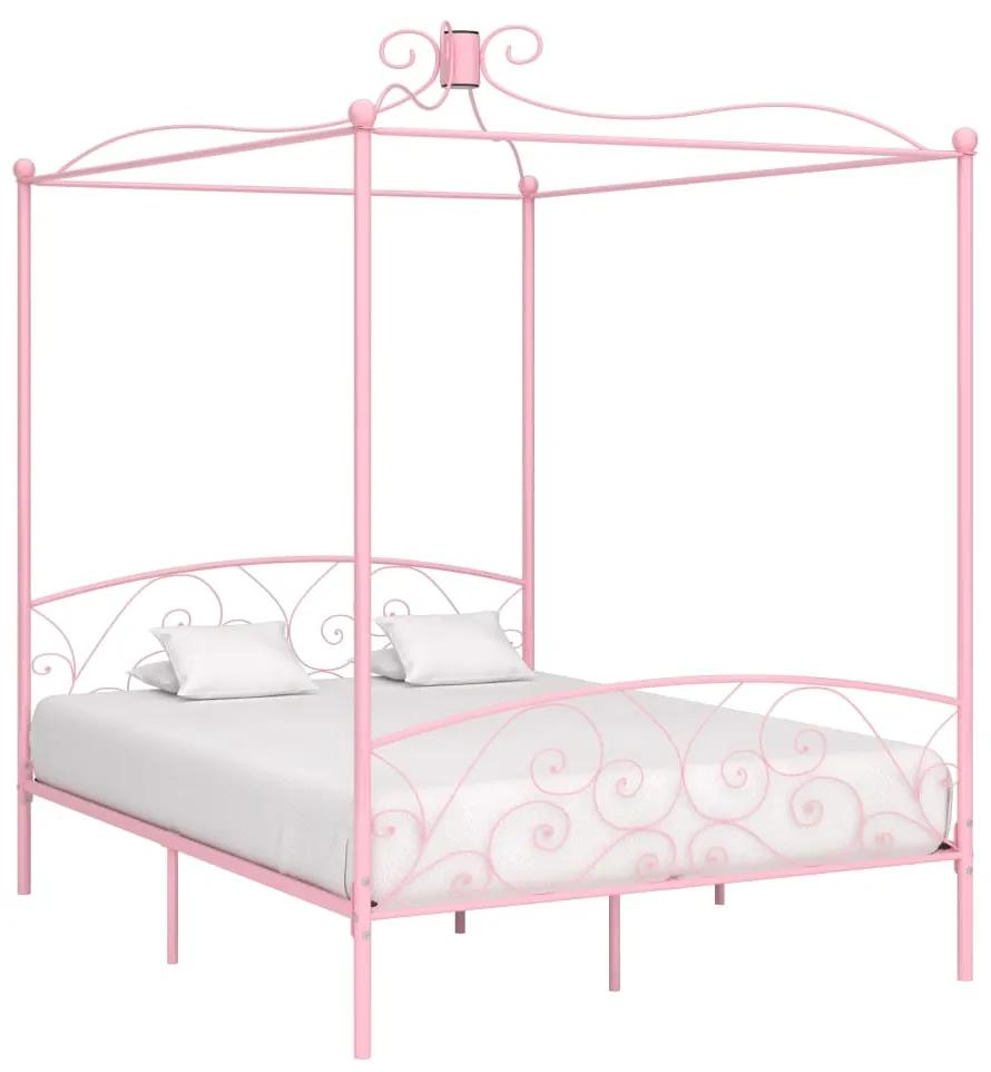 Cadru de pat cu baldachin, roz, 160 x 200 cm, metal