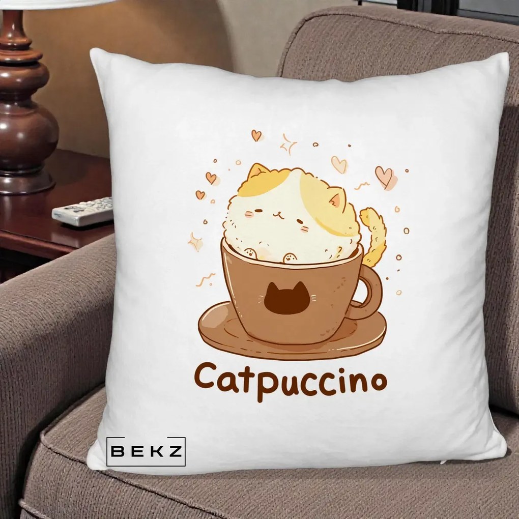 Perna Decorativa Catpuccino Pisica Cappuccino, 40x40 cm, Alb Pufos, Husa Detasabila, Perna Inclusa, BEKZ®