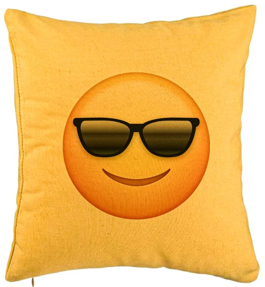 Perna Decorativa, Model Emoji Fata cu Ochelari, 40x40 cm, Galben, Husa Detasabila, Burduf