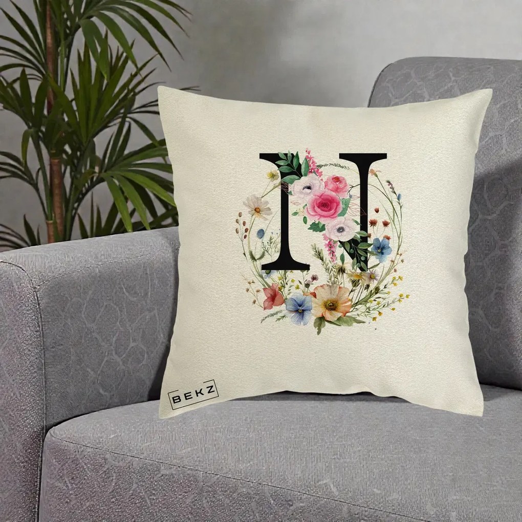 Cadou Personalizat - Perna Personalizata Monogram Litera N cu Flori Acuarela, 40x40 cm, Ecru, Husa Detasabila, Perna Inclusa, BEKZ®