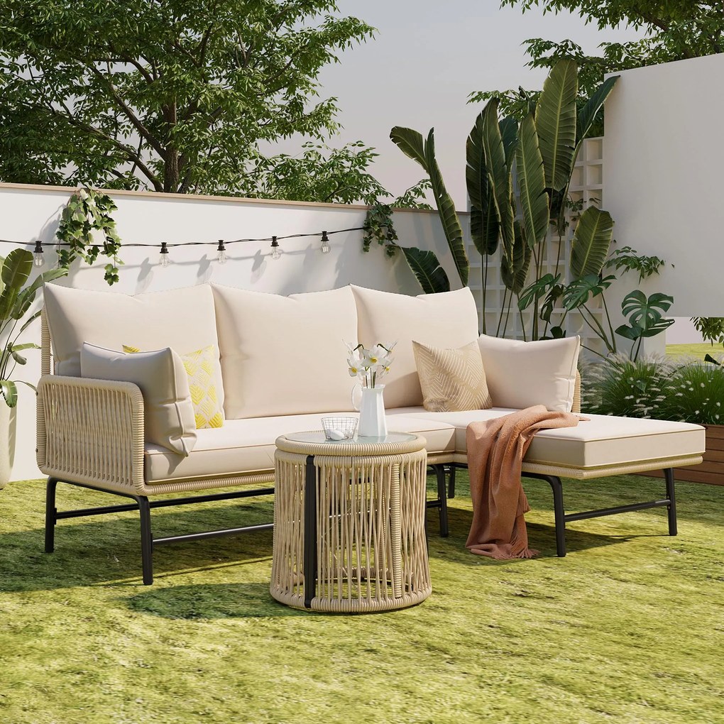 Set de mobilier de grădină cu cadru din fier, acoperit cu frânghie împletită manual și design în formă de L, Bej