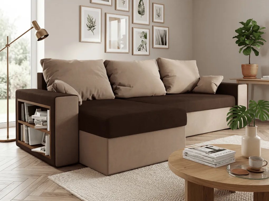 Set canapea extensibila, reversibila in forma de L NORIX 240x140 cm, maro inchis/maro deschis cu raft + 2 perne GRATUIT